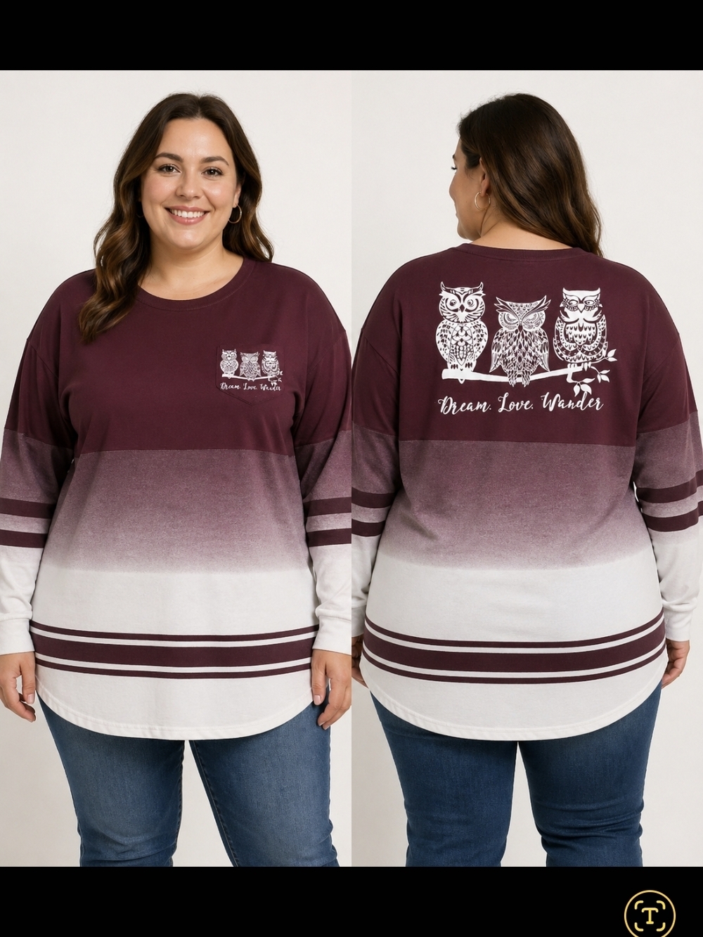 Justify Maroon Ombre Owl Graphic Long Sleeve Tee